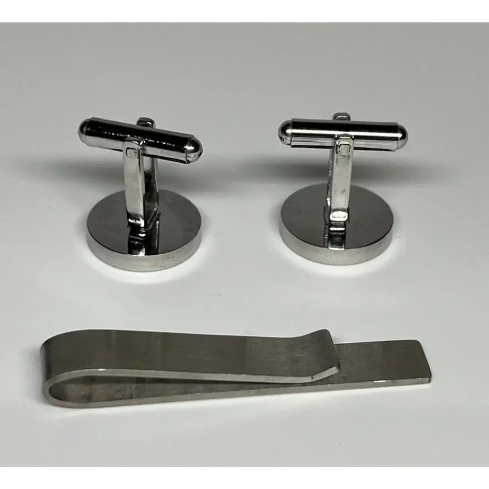 Silver Tone Round Cufflinks R Monogram & Tie Bar Slide Set Minimalist Modern
